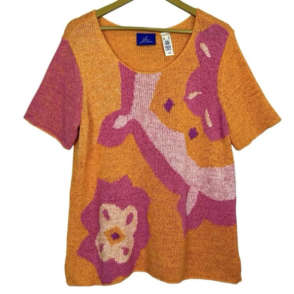 Y2K JH Collectibles Artsy Floral Knit Short Sleeve Sweater XL Pink Orange Top - Picture 1 of 5